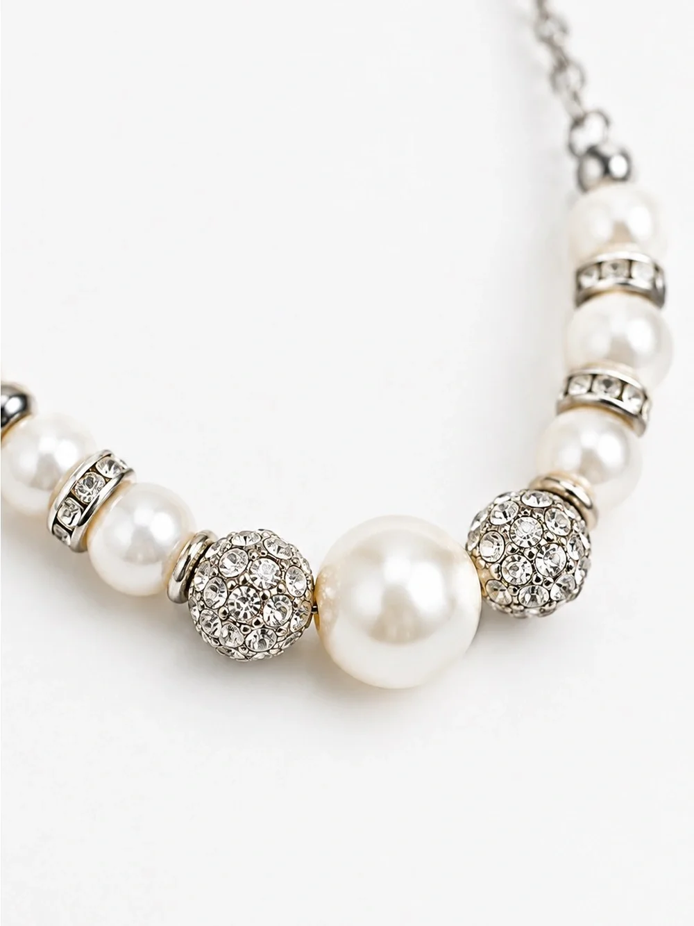 Silver Tone Faux Pearl Rhinestone Necklace & Earrings Set Wedding Bridal Gift